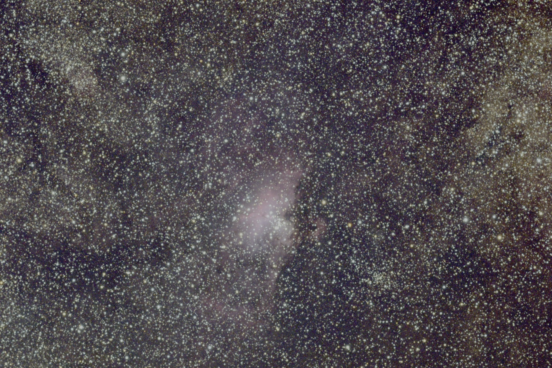 The Eagle Nebula, a rose-colored cloud among crowded stars.