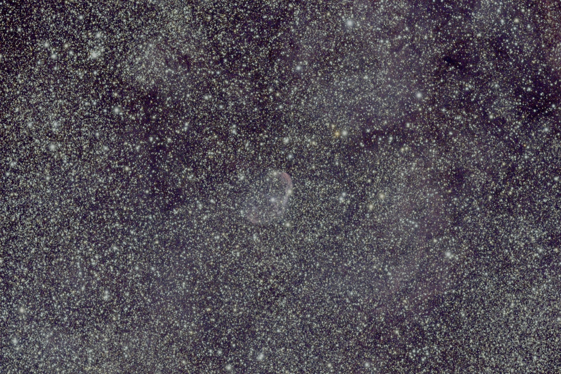 The Crescent Nebula, a faint arc in a rich star field.